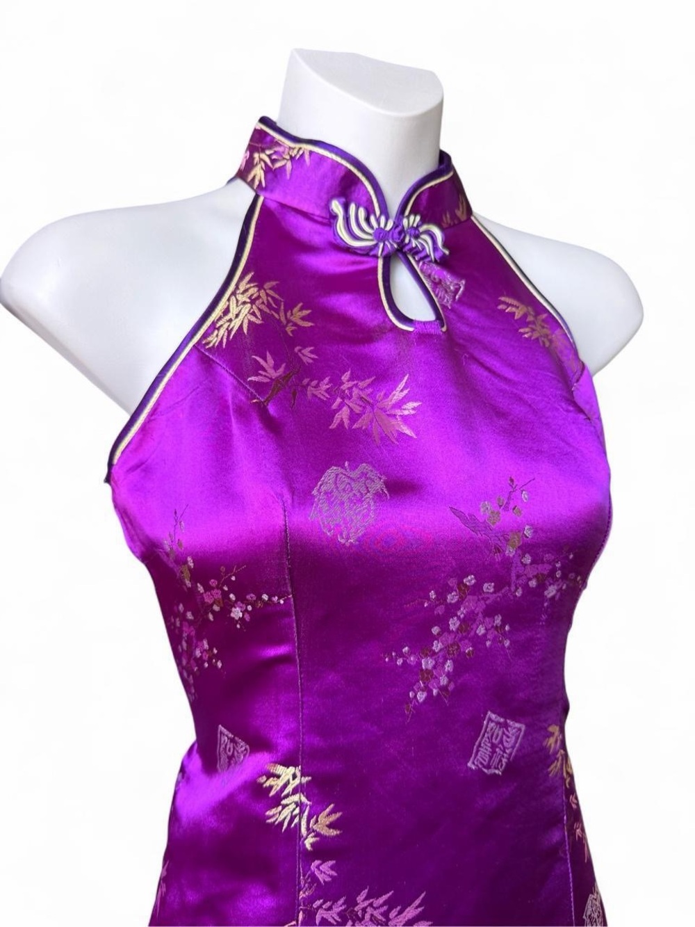 Purple Satin Halter Mini Cheongsam Dress - Picture 3 of 8
